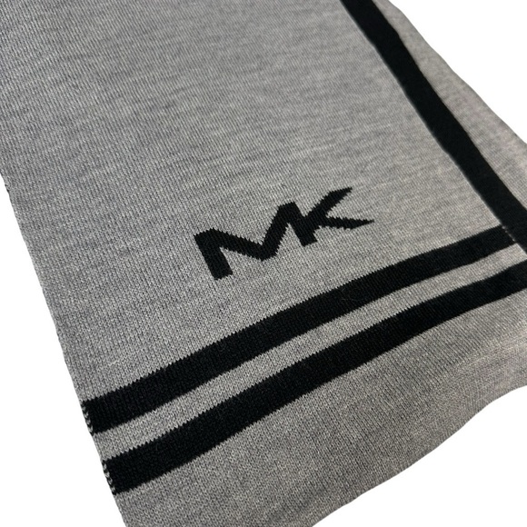 Michael Kors Big MK Bottom Stripe Knit Muffler Scarf, Gray with Black - Picture 2 of 4